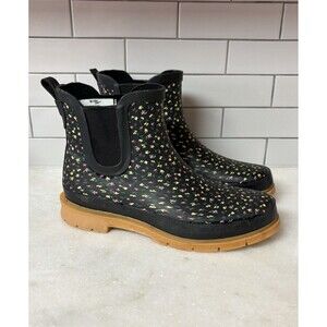 Western Chief Ladies' Size 7 Ankle Rain Boots Deck Boot Rubber Black Floral